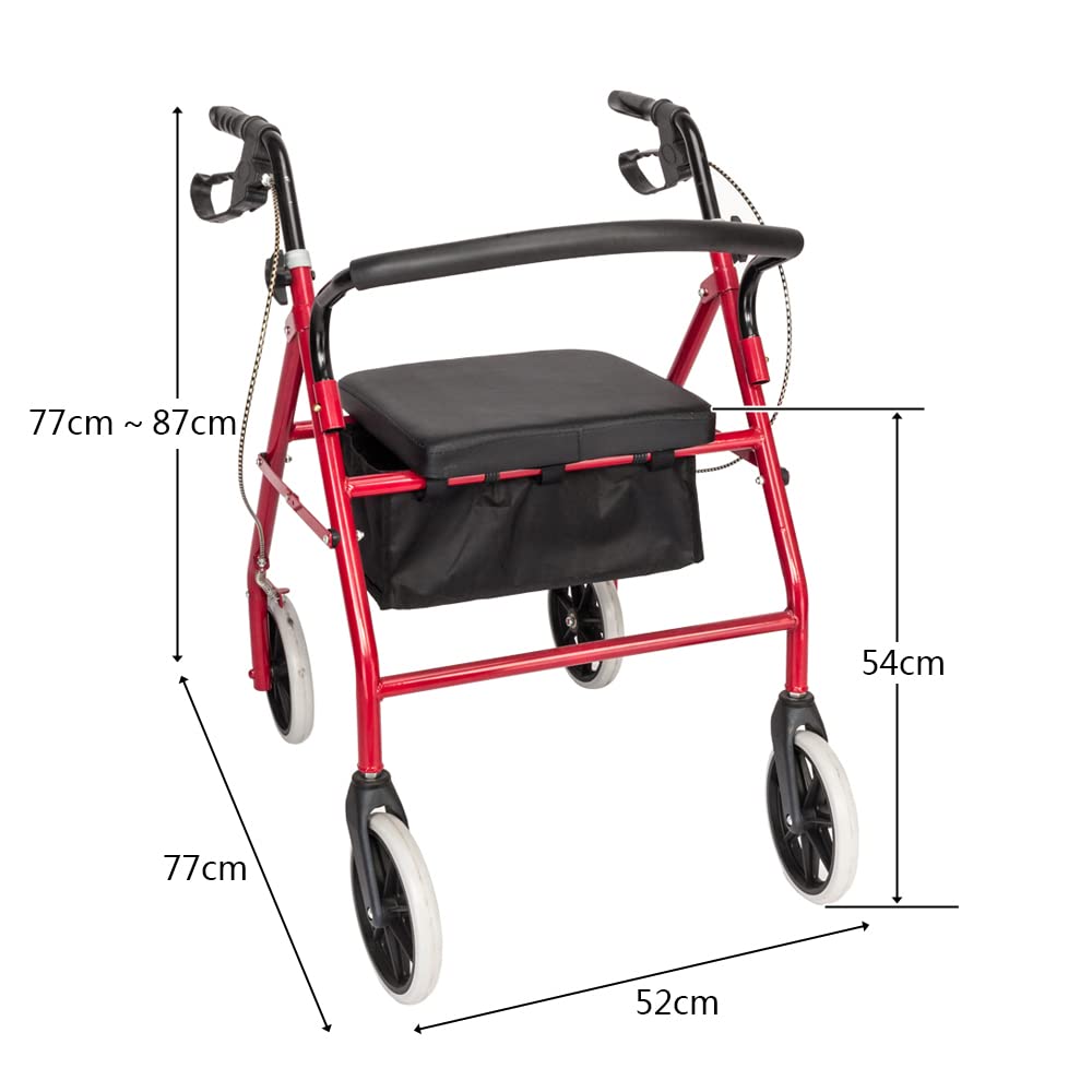 Red Height Adjustable Steel Rolling Walker with Seat U471378