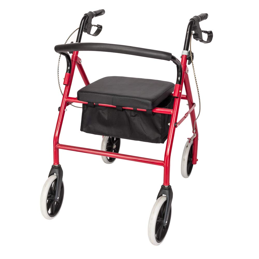 Red Height Adjustable Steel Rolling Walker with Seat U471378