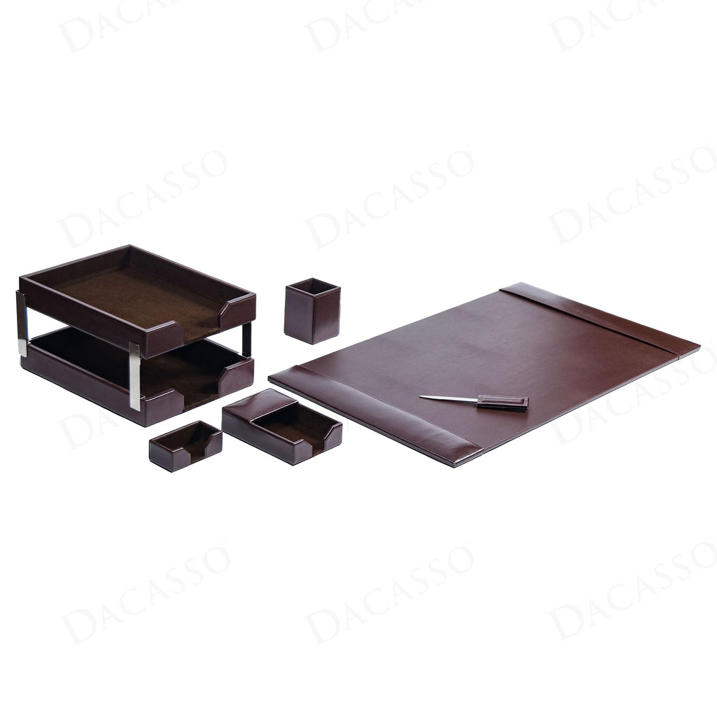 Dark Brown Bonded Leather 8-Piece Desk Accessory Set A12043