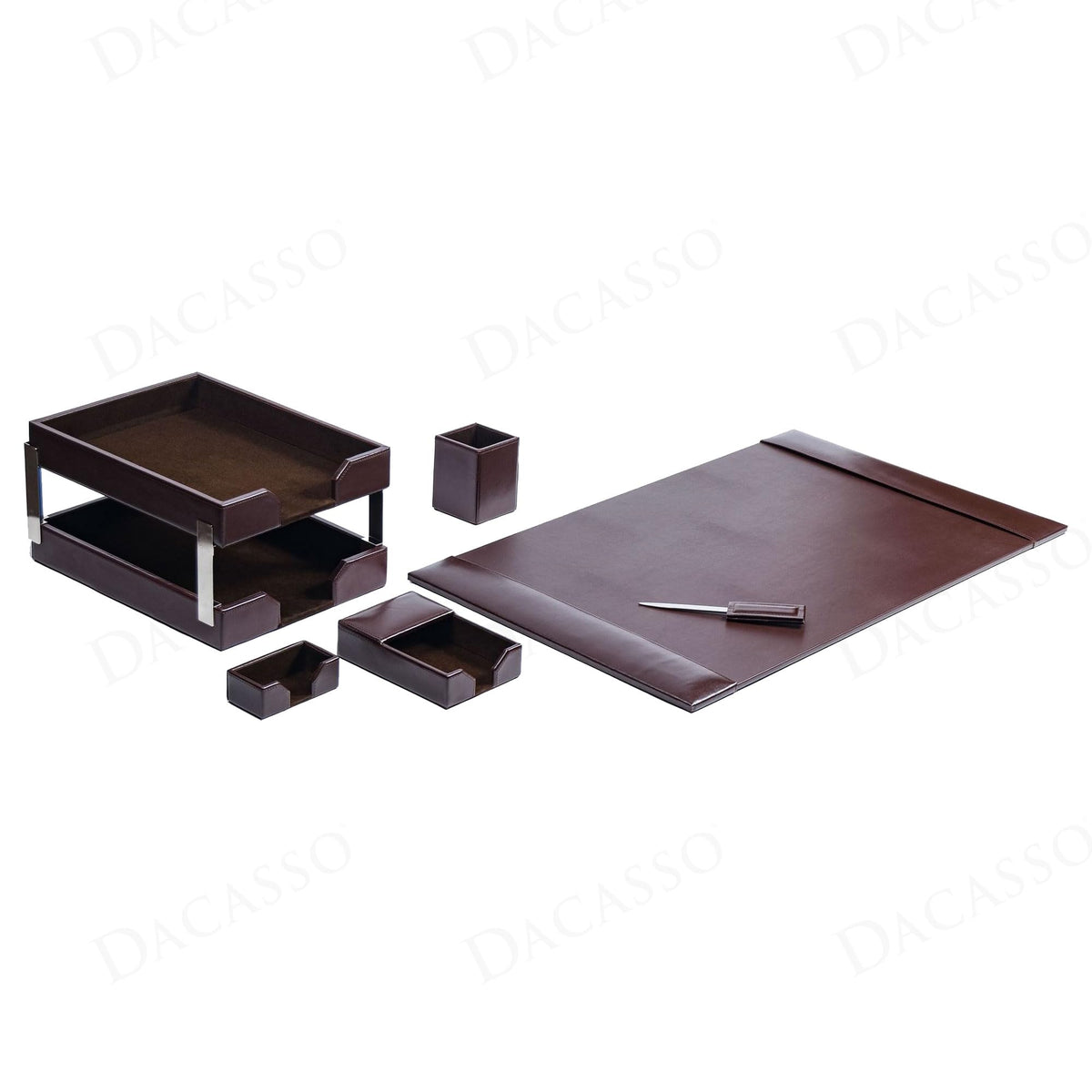 Dark Brown Bonded Leather 8-Piece Desk Accessory Set A12043