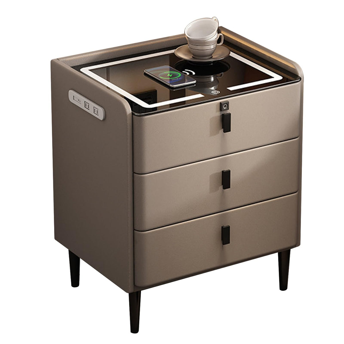 Khaki Nightstand with Wireless Charging Station and 3 Drawers L235