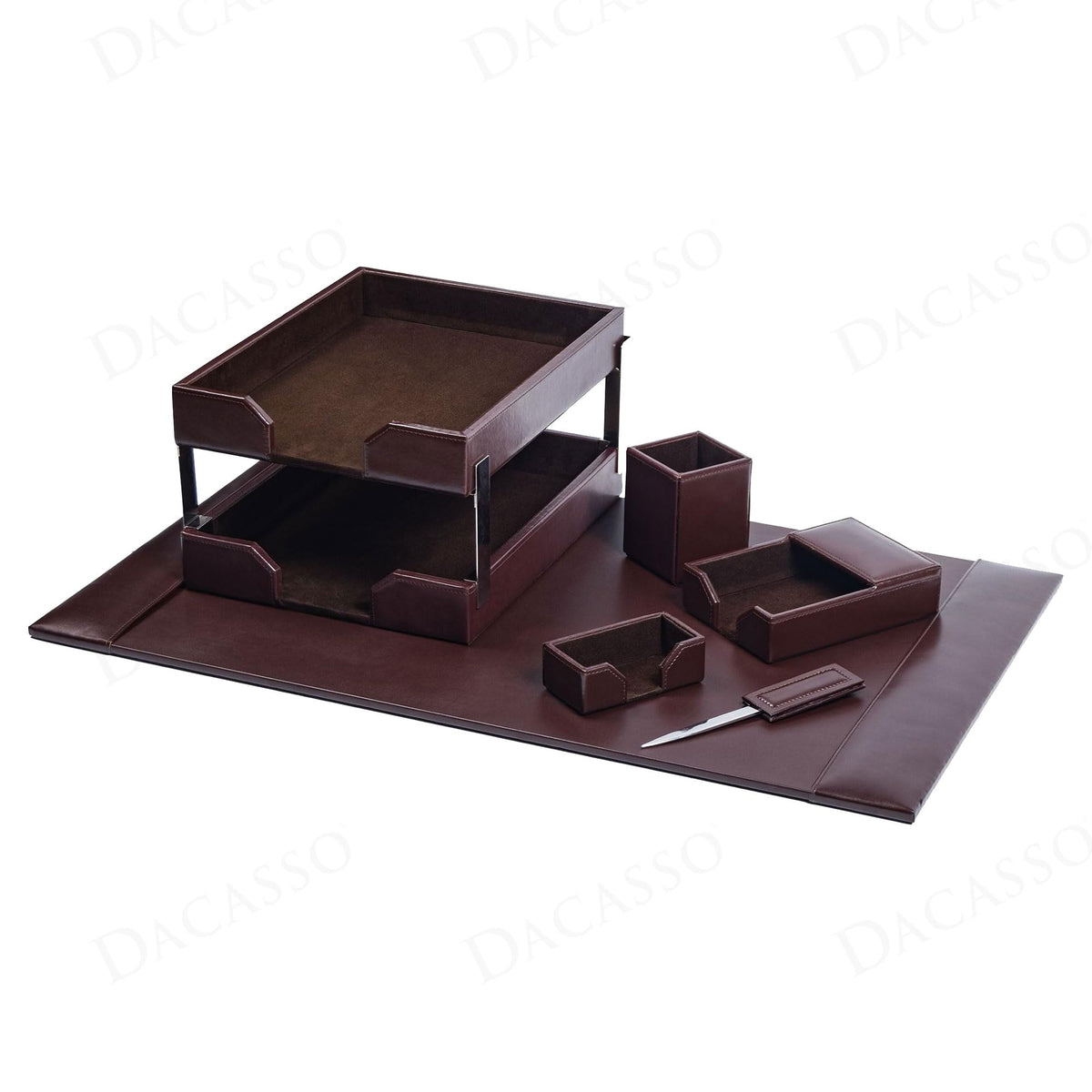 Dark Brown Bonded Leather 8-Piece Desk Accessory Set A12043