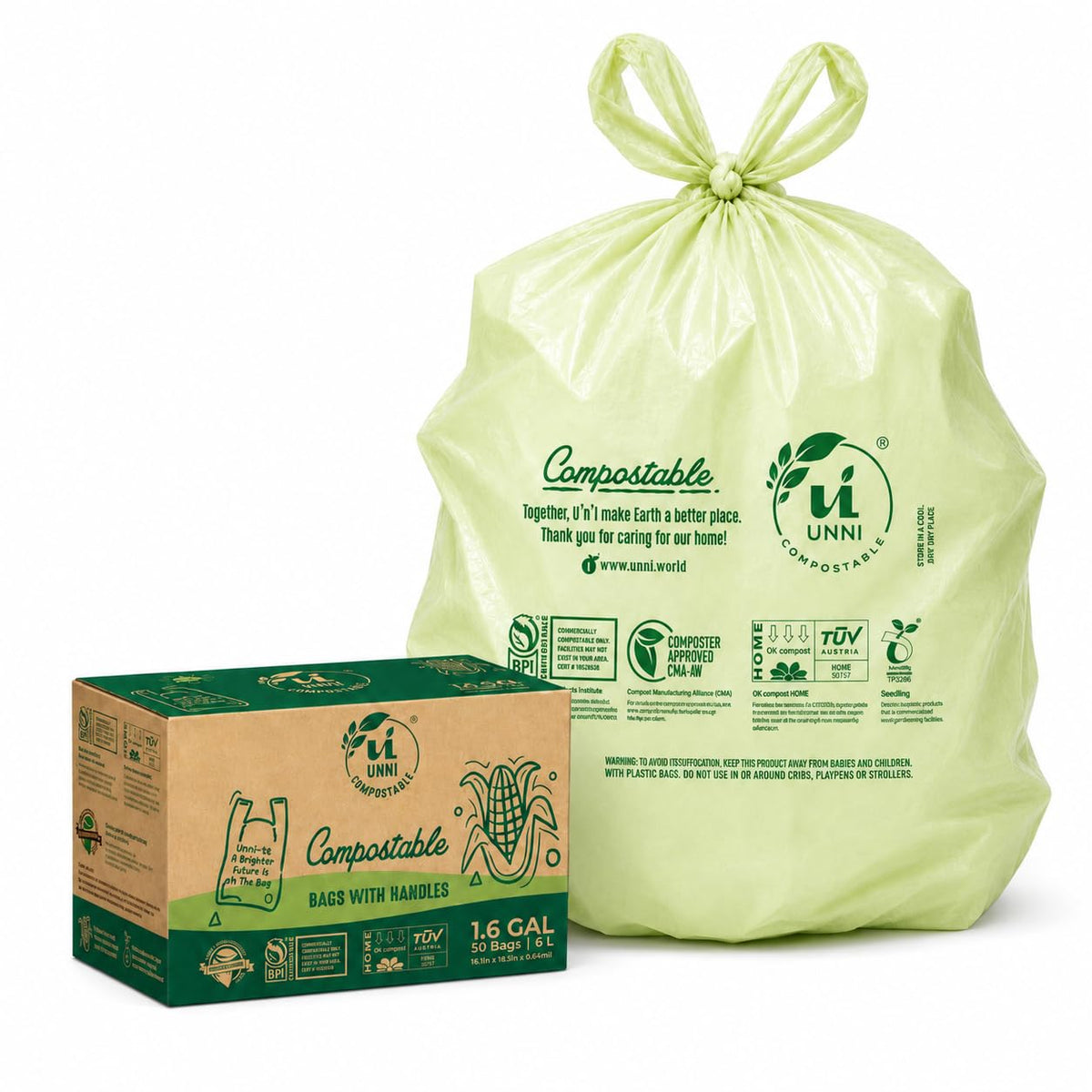 1.6 Gallon Compostable Bags with Easy-Tie Handles, 50 Count O40787