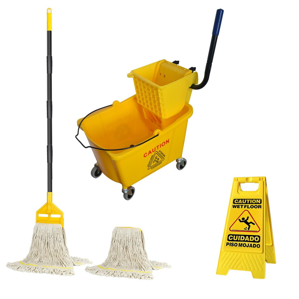 Commercial Mop Bucket with 2 Mop Heads and Caution Sign, 38 Quart R6579