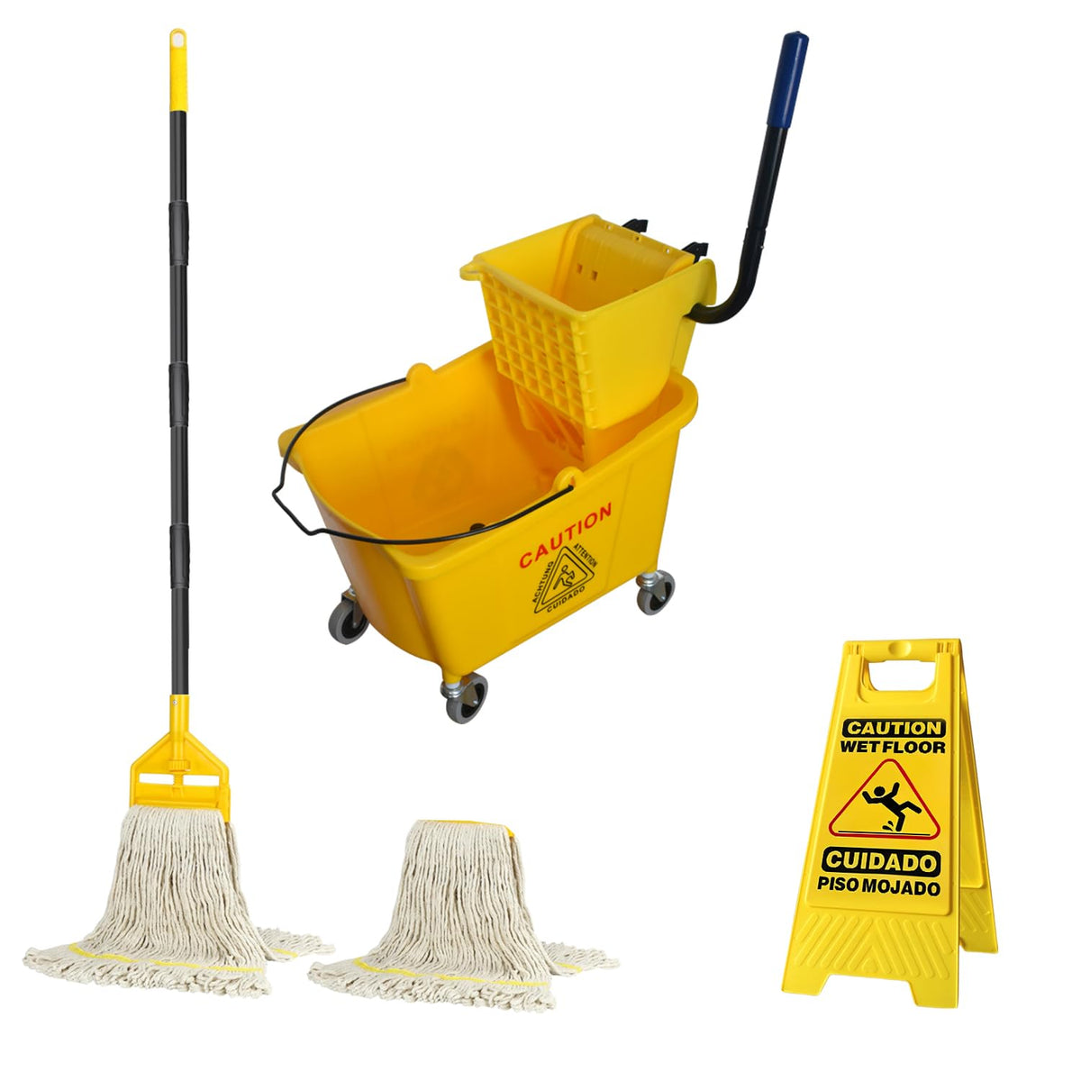Commercial Mop Bucket with 2 Mop Heads and Caution Sign, 38 Quart R6579
