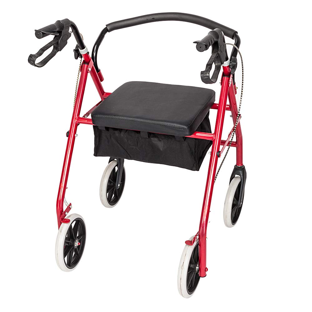Red Height Adjustable Steel Rolling Walker with Seat U471378