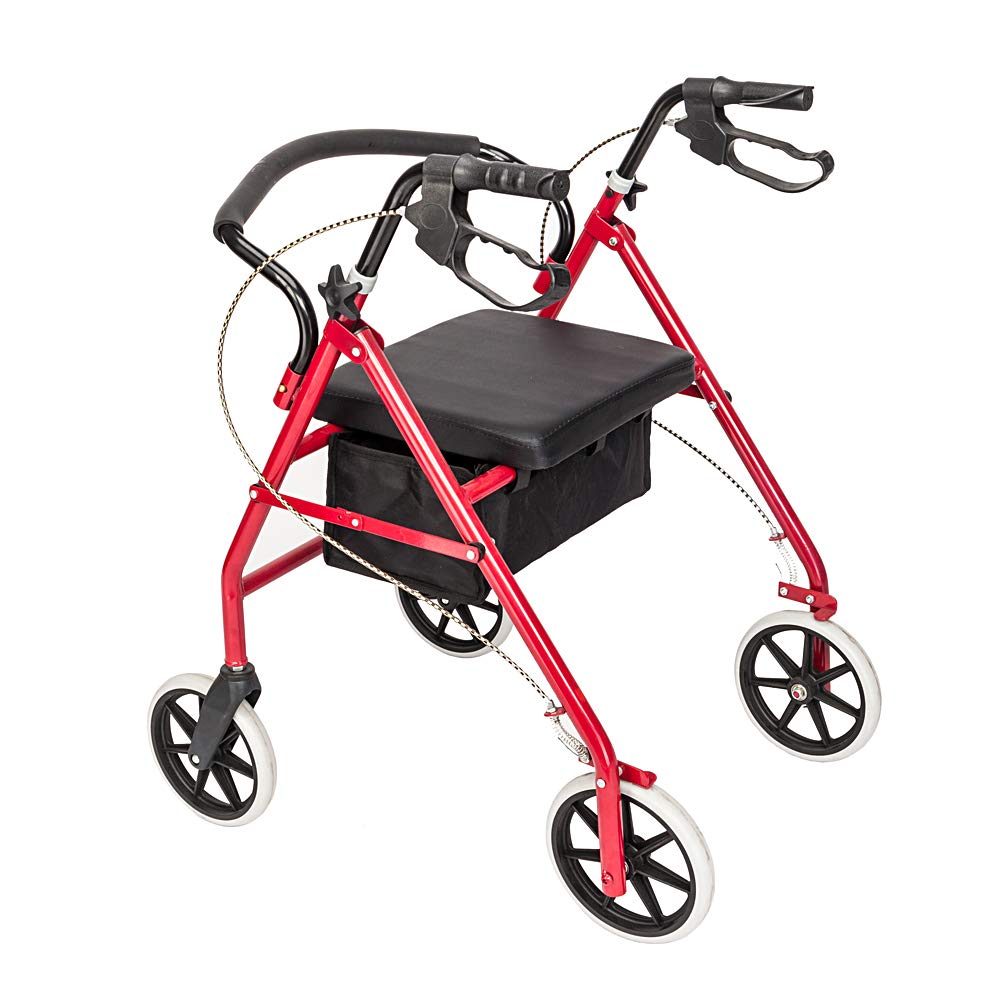 Red Height Adjustable Steel Rolling Walker with Seat U471378