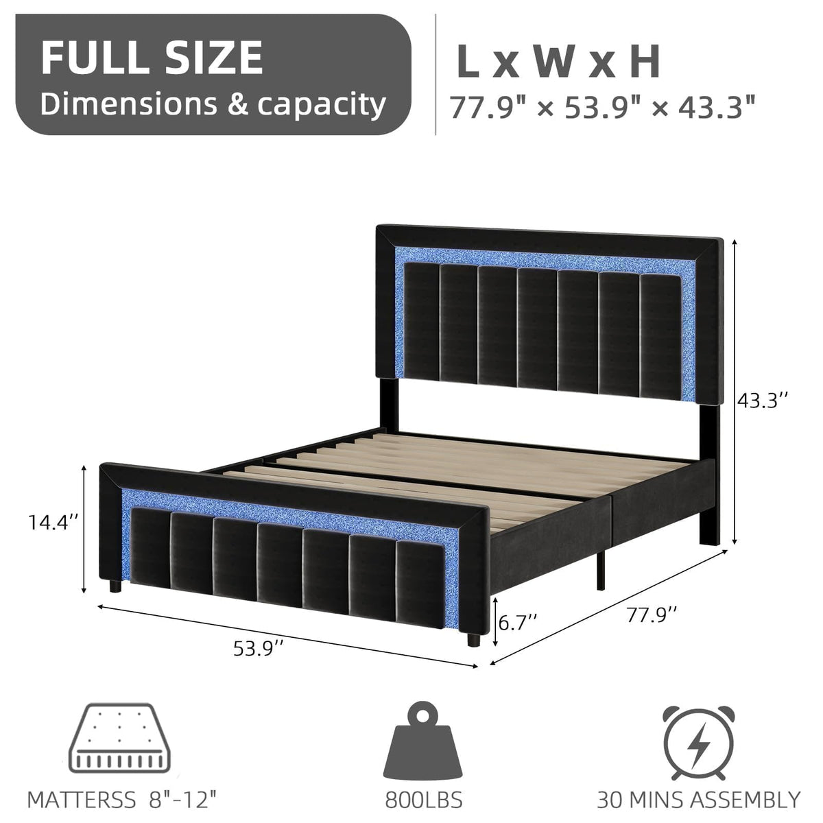 Full Size Velvet Upholstered Bed Frame with LED Lights R70114