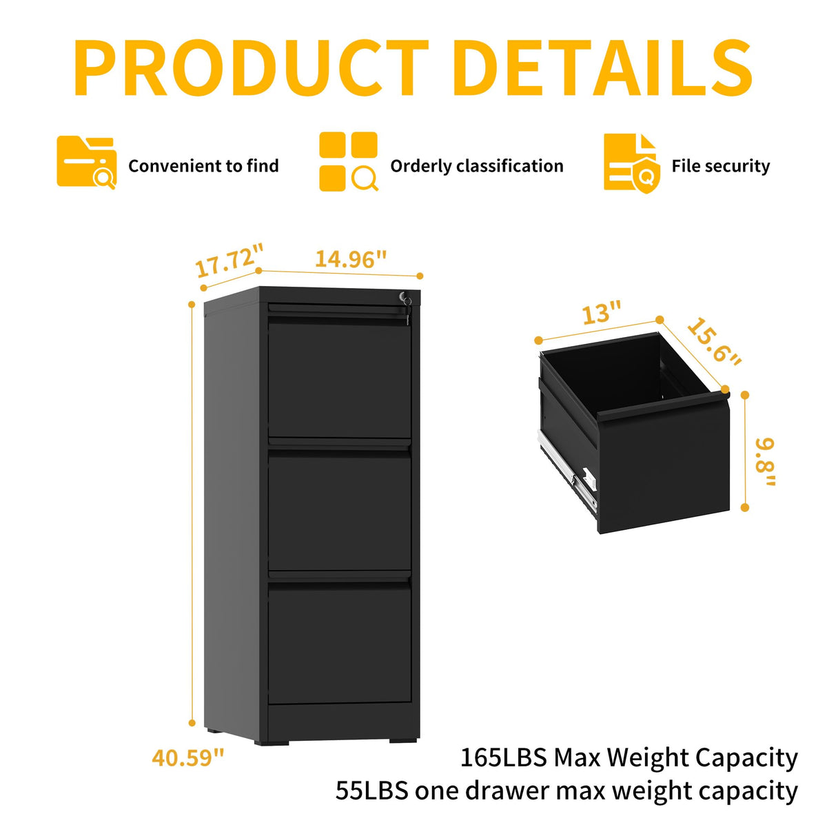 3 Drawer Black Metal File Cabinet with Lock C56447