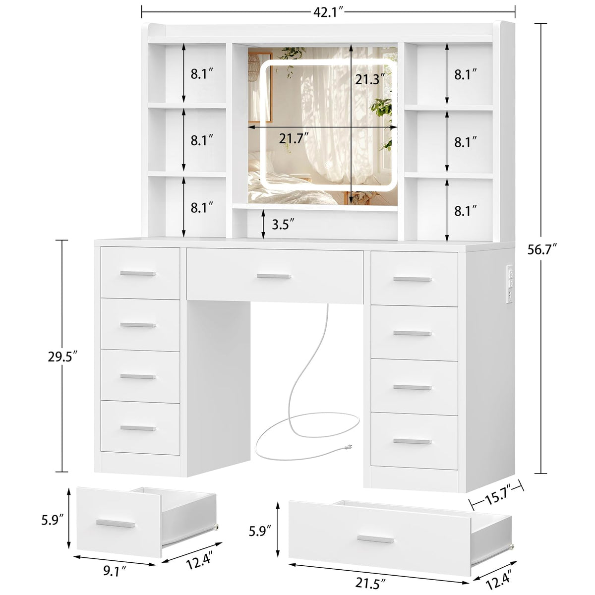 White Vanity Desk with Mirror and 9 Drawers F986