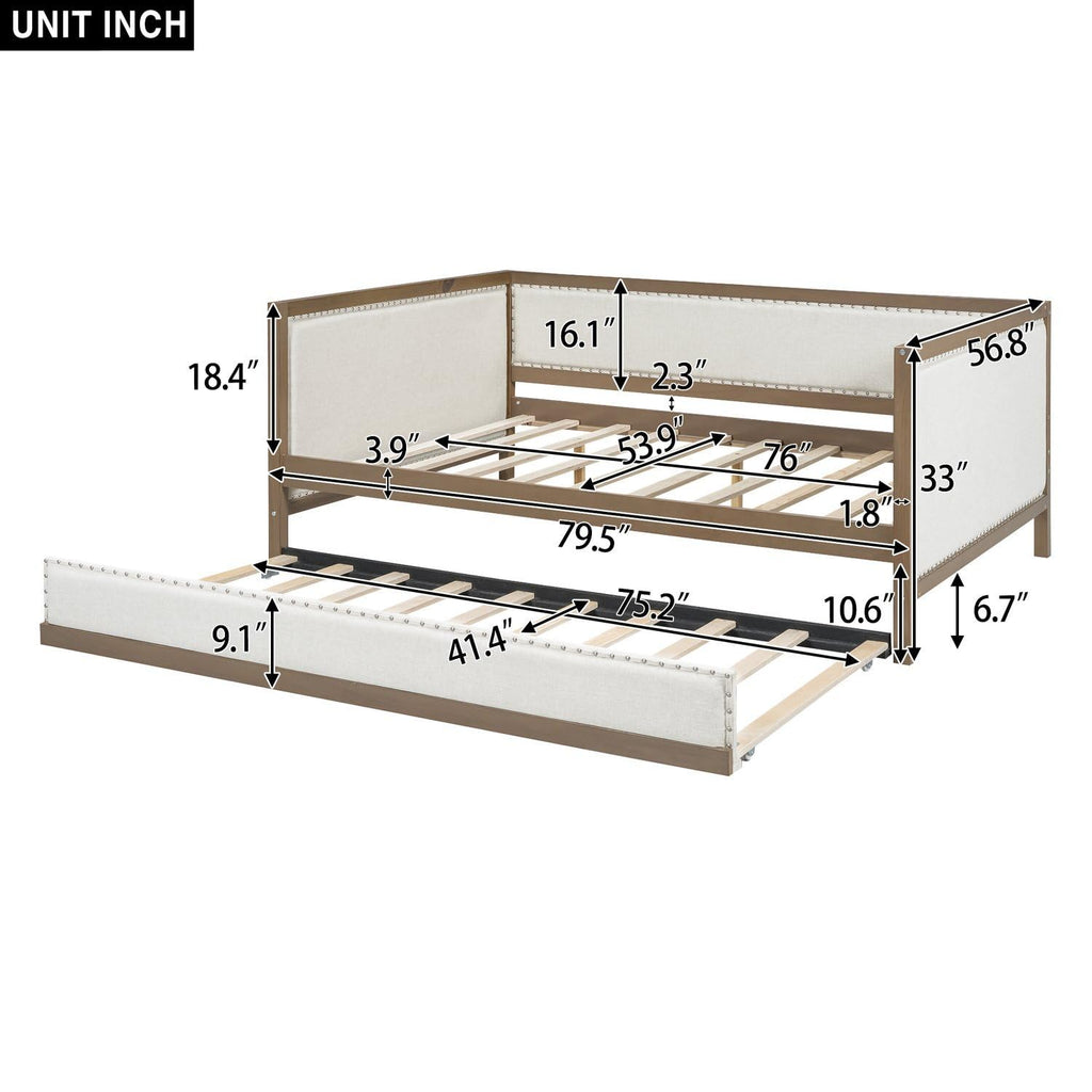 Full Size Upholstered Daybed with Trundle Linen Fabric N321892