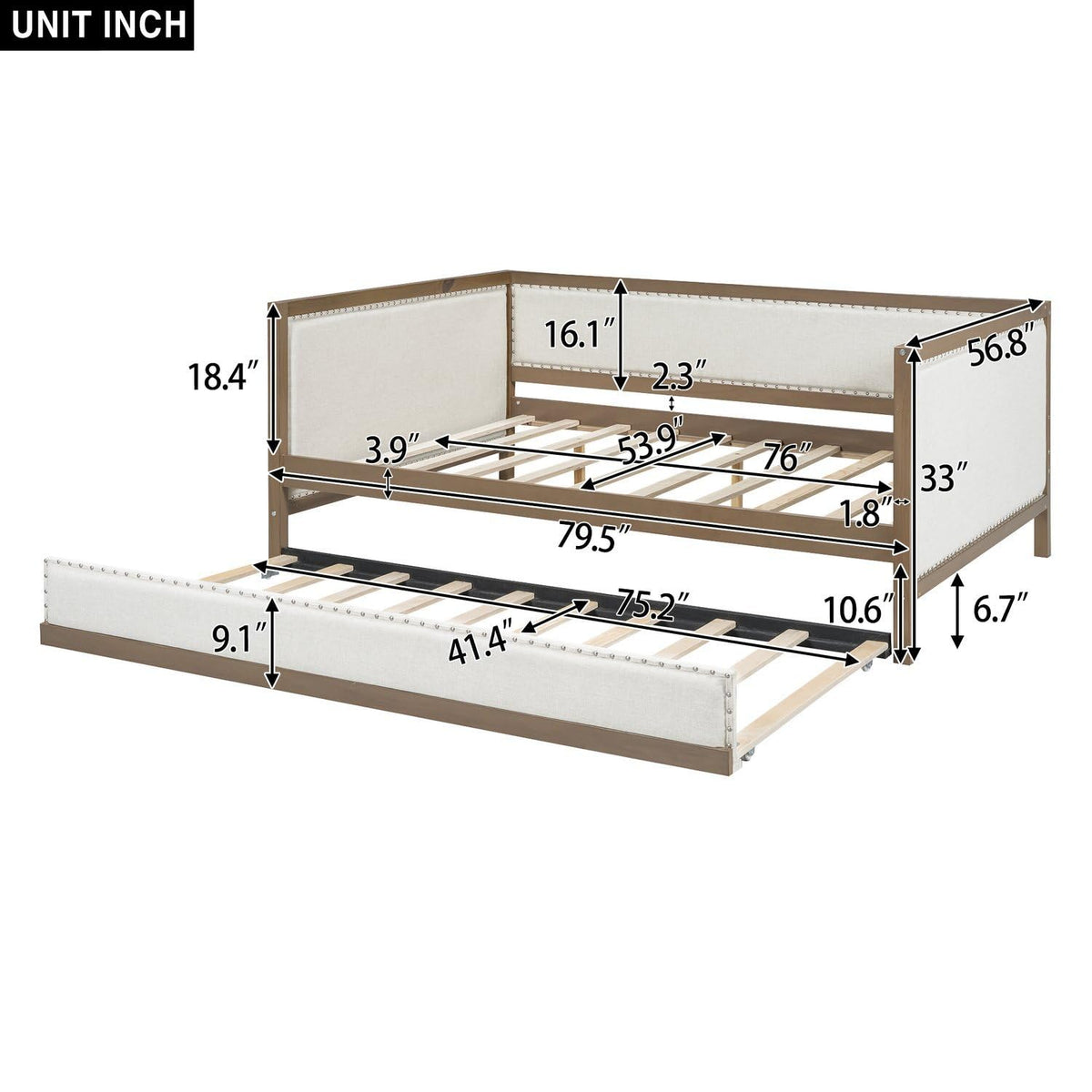 Full Size Upholstered Daybed with Trundle Linen Fabric N321892