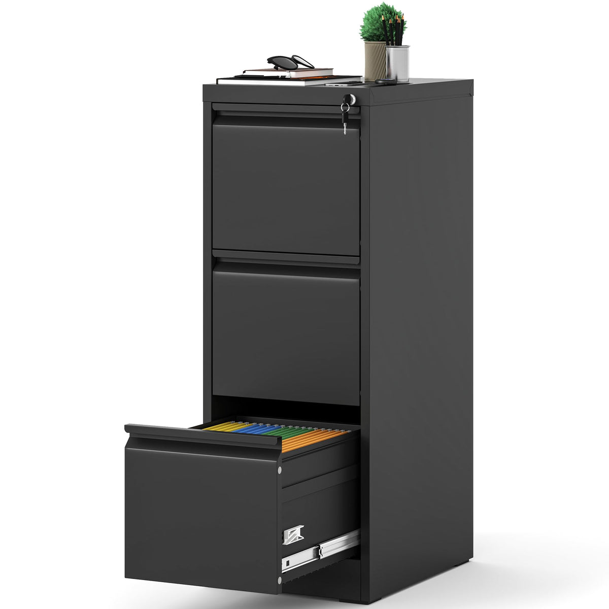 3 Drawer Black Metal File Cabinet with Lock C56447