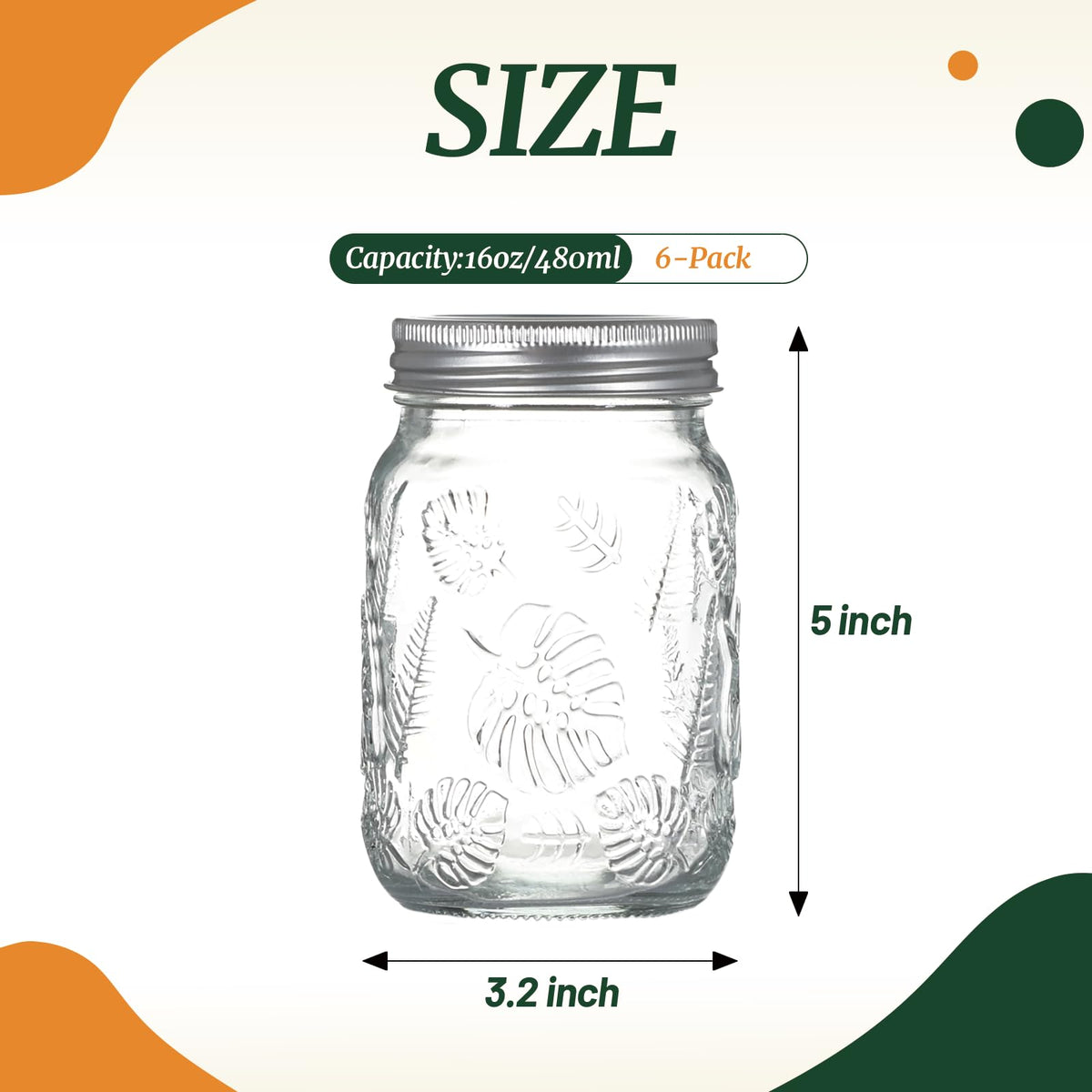 6-Pack Glass Mason Jars 16 oz Wide Mouth Canning Jars F3641