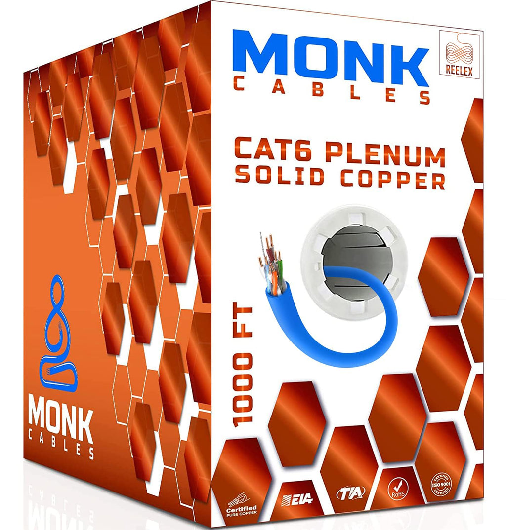 CAT 6 Ethernet Cable 1000ft Pure Bare Solid Copper 23AWG UTP CMP Plenum Blue W291119