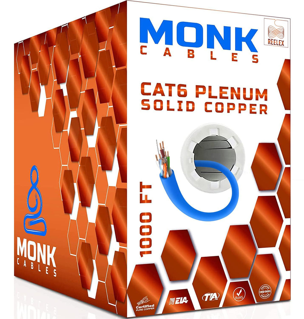 CAT 6 Ethernet Cable 1000ft Pure Bare Solid Copper 23AWG UTP CMP Plenum Blue W291119