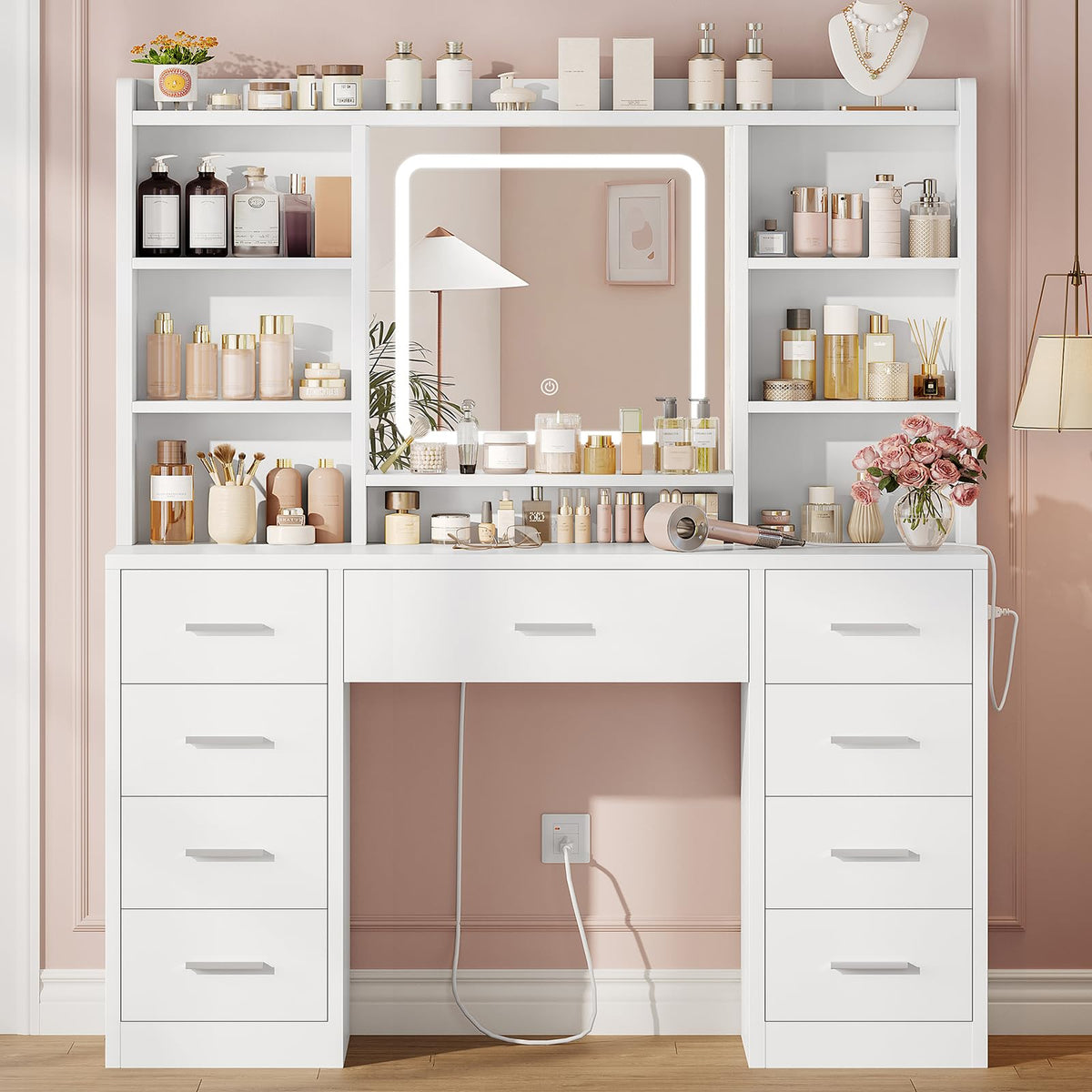 White Vanity Desk with Mirror and 9 Drawers F986