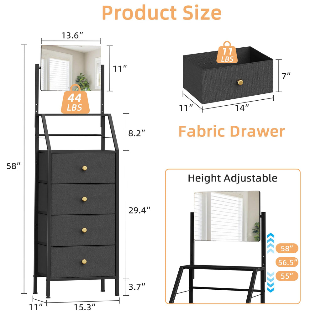 Black 4 Drawer Vanity Dresser with Adjustable Mirror C6755