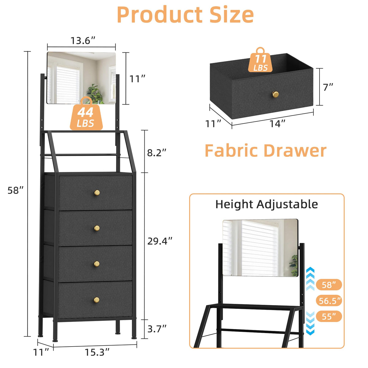 Black 4 Drawer Vanity Dresser with Adjustable Mirror C6755