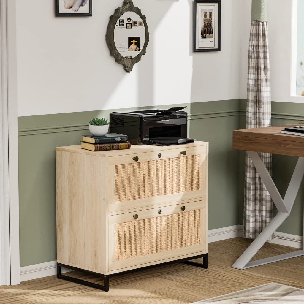 Oak Wood Rattan 2 Drawer Lateral File Cabinet with Lock F78727