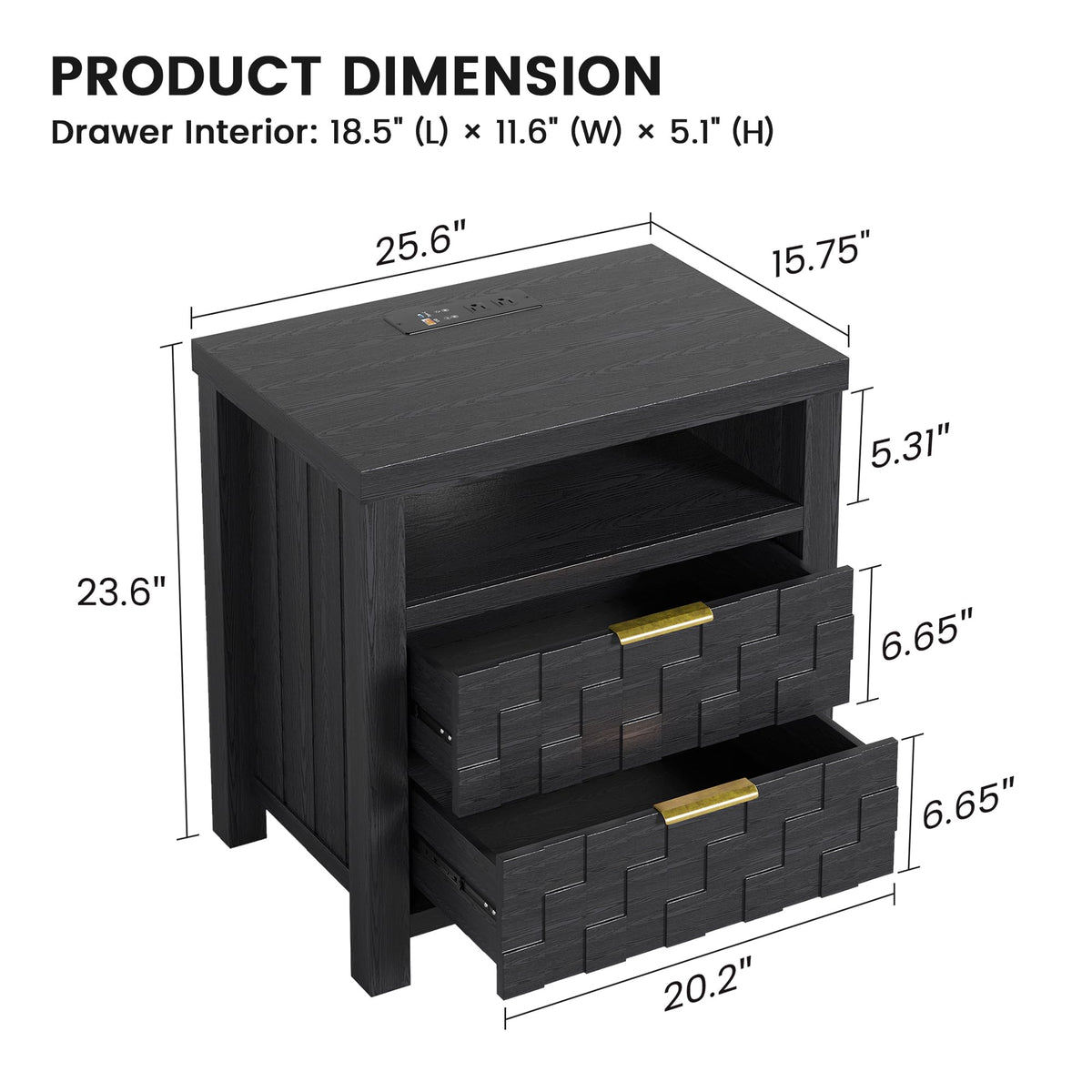 Black Nightstand with Charging Station, 2 Drawers, LED Lights Y2596