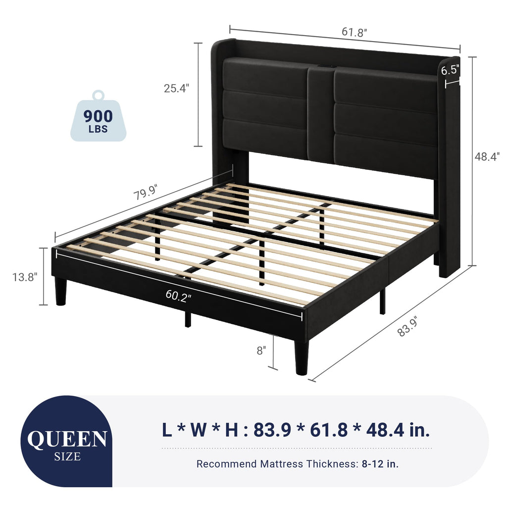 Queen Size Black Velvet Upholstered Platform Bed Frame with Storage Headboard J3179