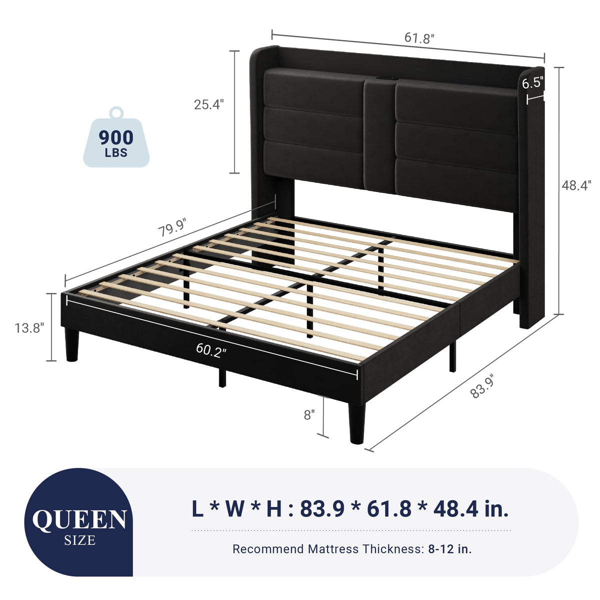 Queen Size Black Velvet Upholstered Platform Bed Frame with Storage Headboard J3179