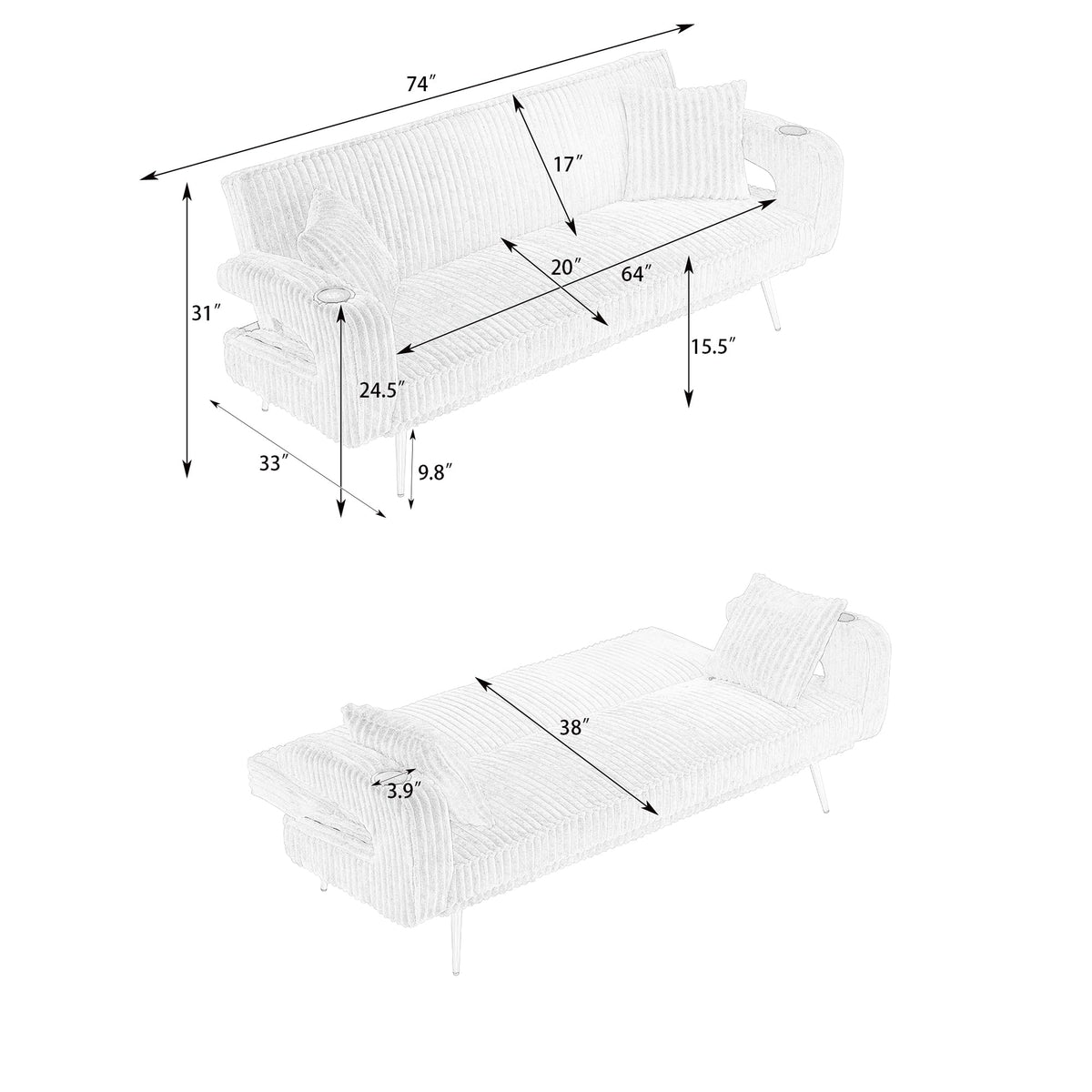 74" Pink Corduroy Convertible Sofa Bed with Cup Holder X654