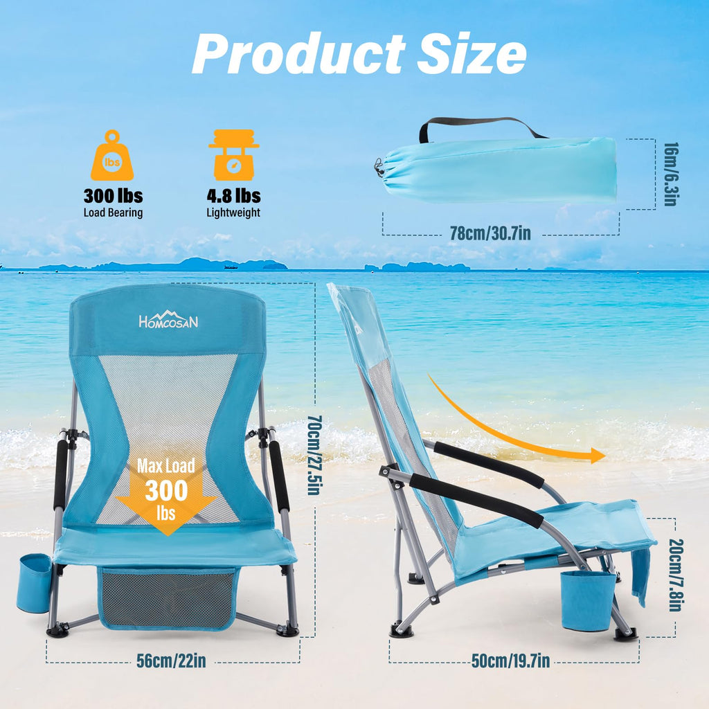 Portable Low Folding Beach Chairs Set of 2 Lightweight with Cup Holder Storage Pockets Carry Bag Blue F701498