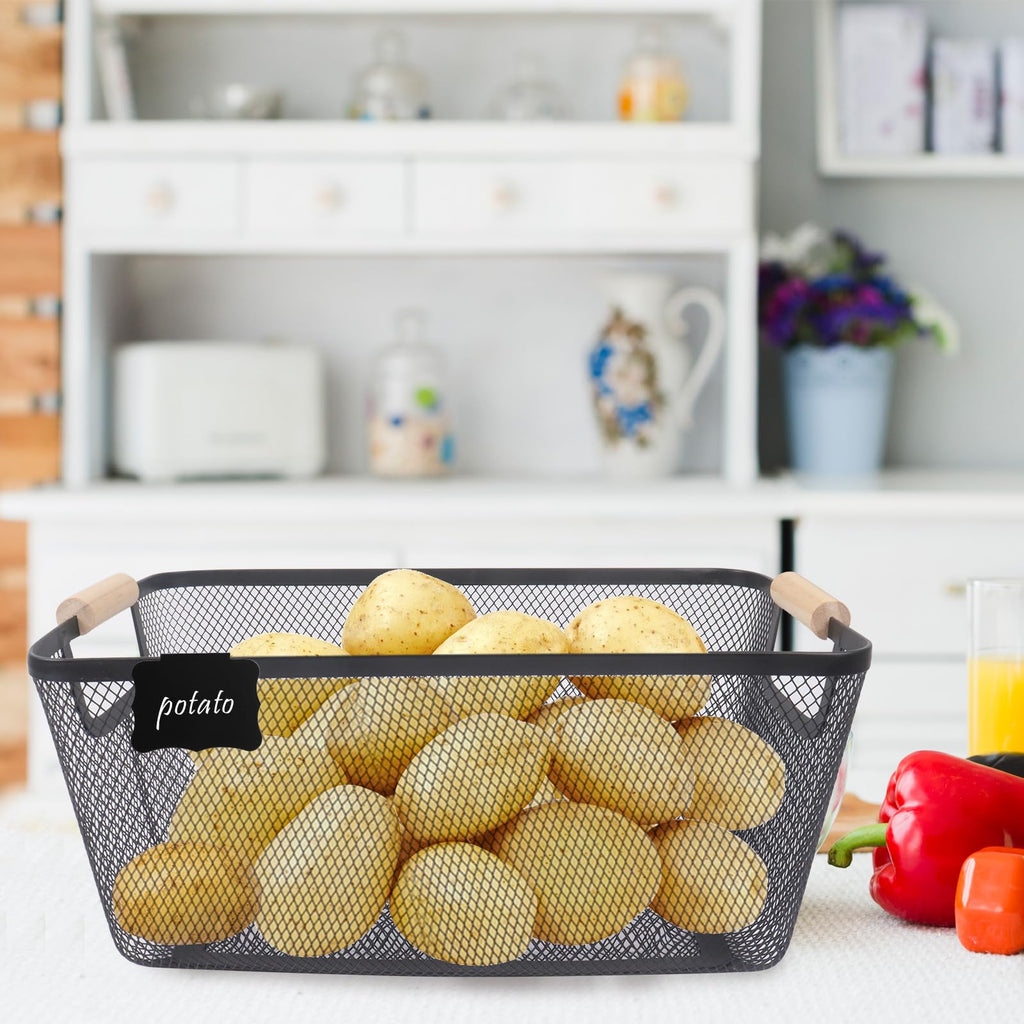 Potato and Onion Storage Bin, 2 Set Metal Mesh Baskets with Wooden Handle T480731