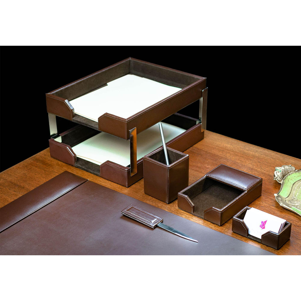 Dark Brown Bonded Leather 8-Piece Desk Accessory Set A12043
