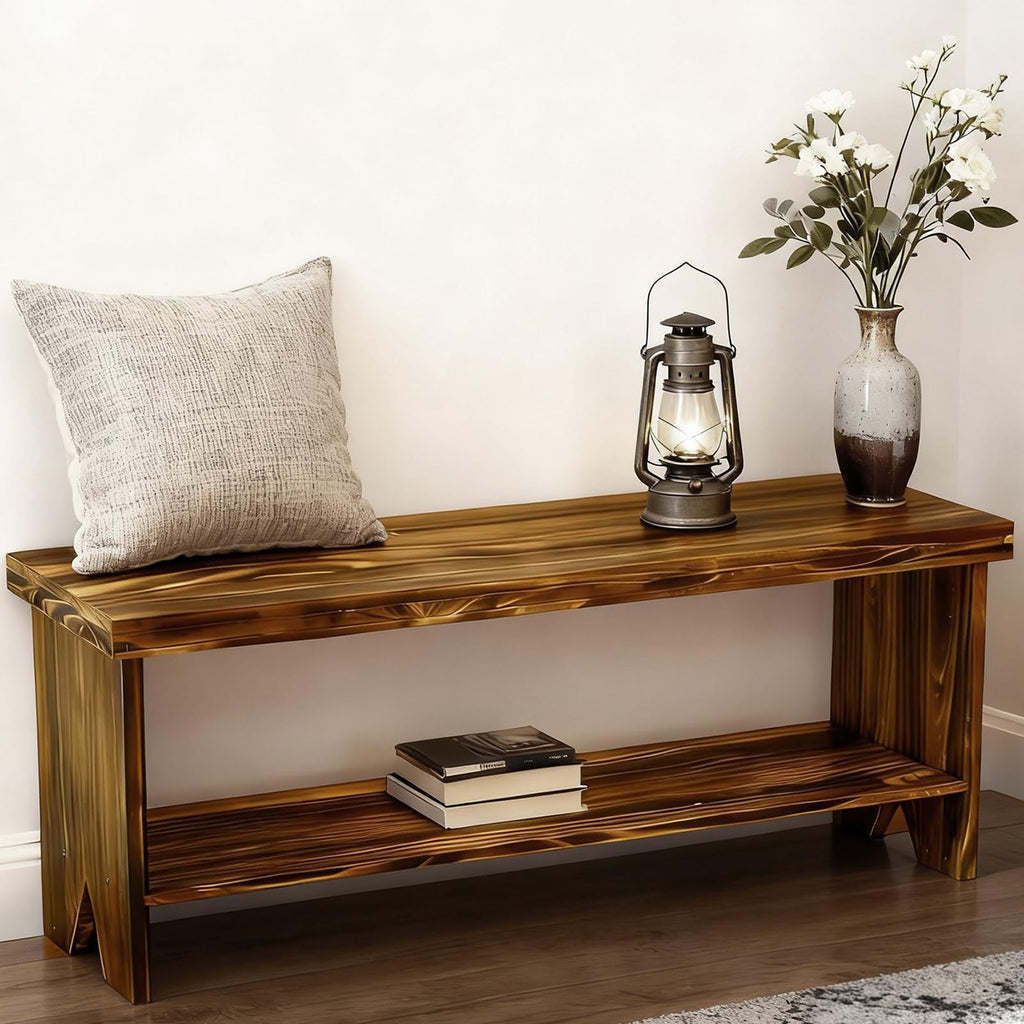 Solid Wood Entryway Bench with Storage Shelf R9498
