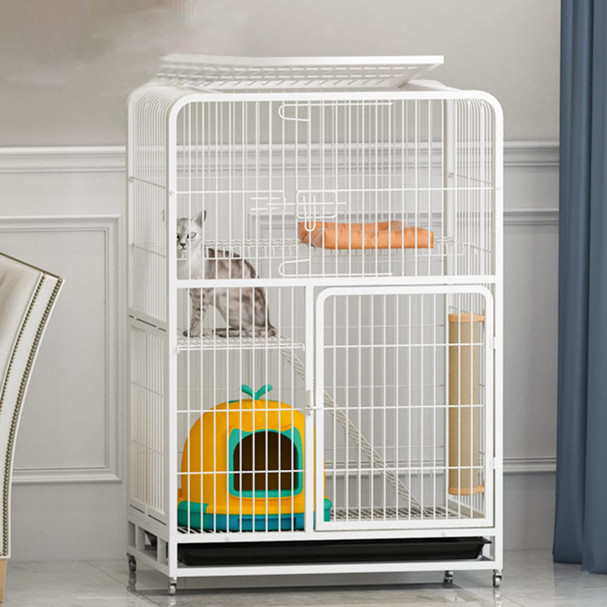 Large 3-Tier Metal Wire Cat Cage with Hammock and Casters C5529
