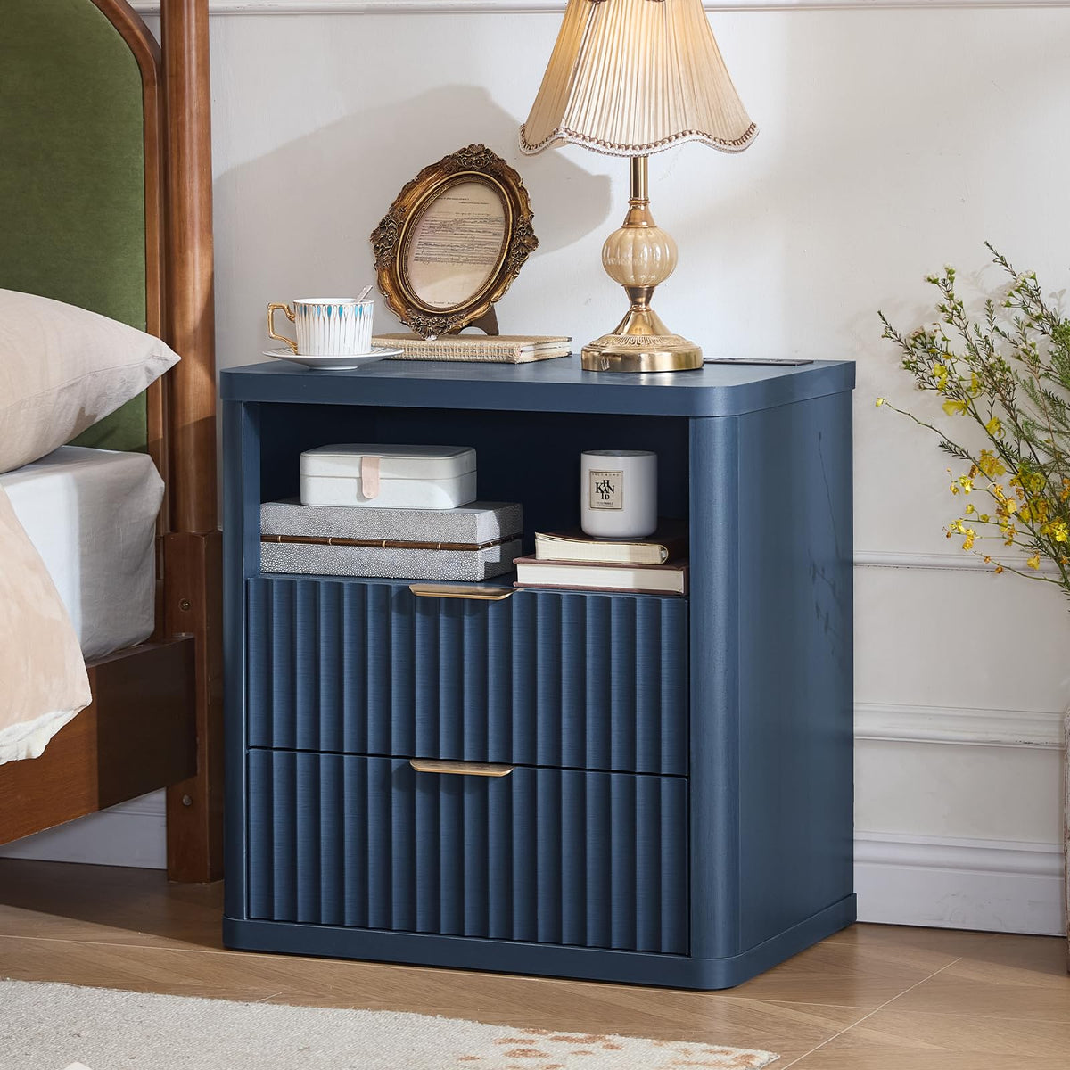 Blue 2 Drawer Fluted Nightstand with Charging Station J47330