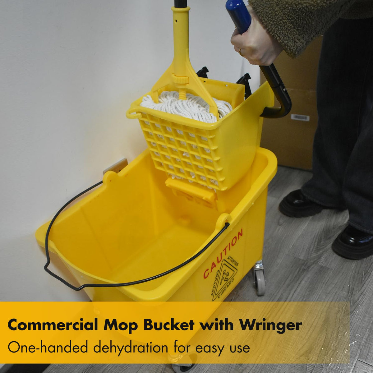 Commercial Mop Bucket with 2 Mop Heads and Caution Sign, 38 Quart R6579