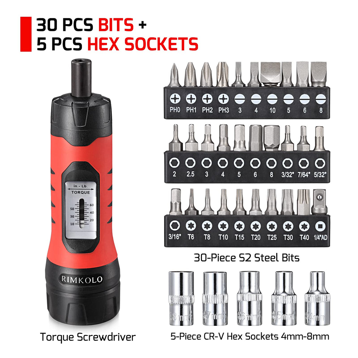 Torque Screwdriver Wrench Set with 29 S2 Alloy Bits & 5 Drive Sockets D799197