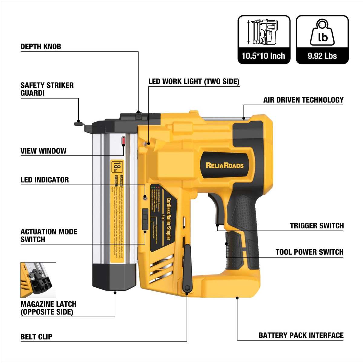 2" Cordless Brad Nailer 18GA Battery Powered Nail Gun with Toolbag Y401