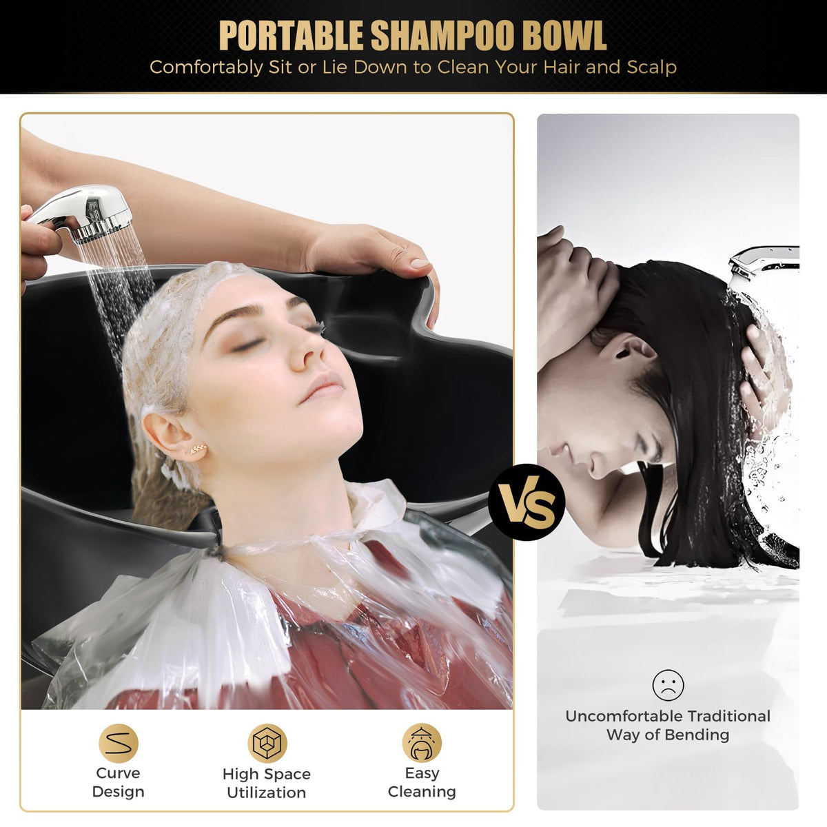 Portable Shampoo Bowl with Dual Buckets, Adjustable Height, Electric Pump, Foot Pedal Control, Black U9950