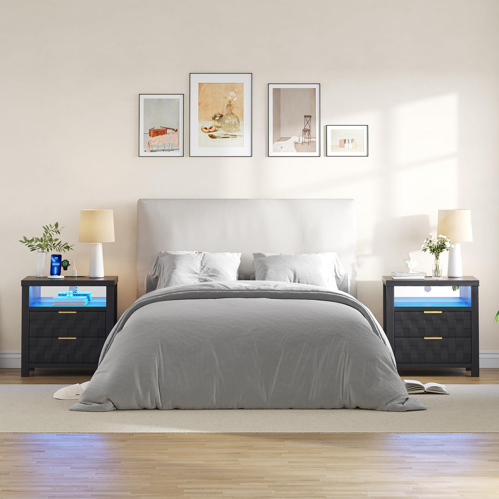 Black Nightstand with Charging Station, 2 Drawers, LED Lights Y2596