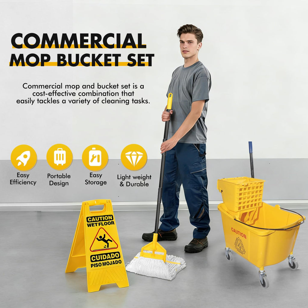Commercial Mop Bucket with 2 Mop Heads and Caution Sign, 38 Quart R6579