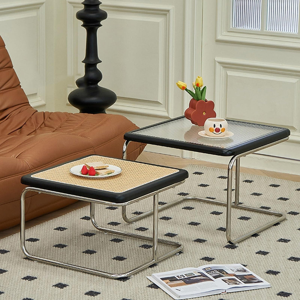 Mid Century Modern Coffee Table Set of 2 Square Metal Base P7357
