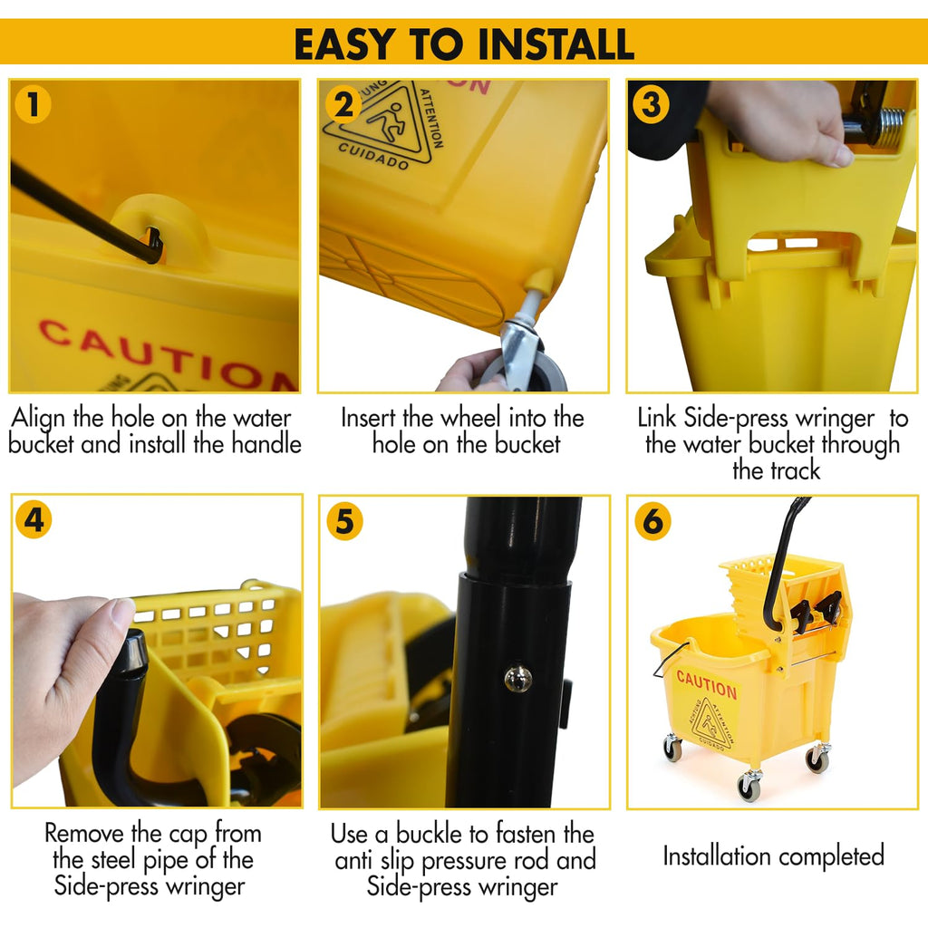 Commercial Mop Bucket with 2 Mop Heads and Caution Sign, 38 Quart R6579