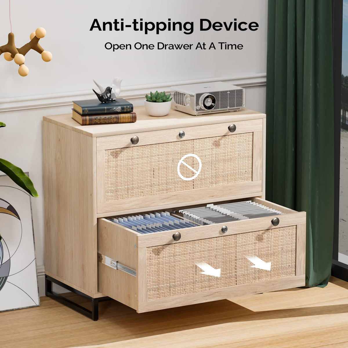 Oak Wood Rattan 2 Drawer Lateral File Cabinet with Lock F78727