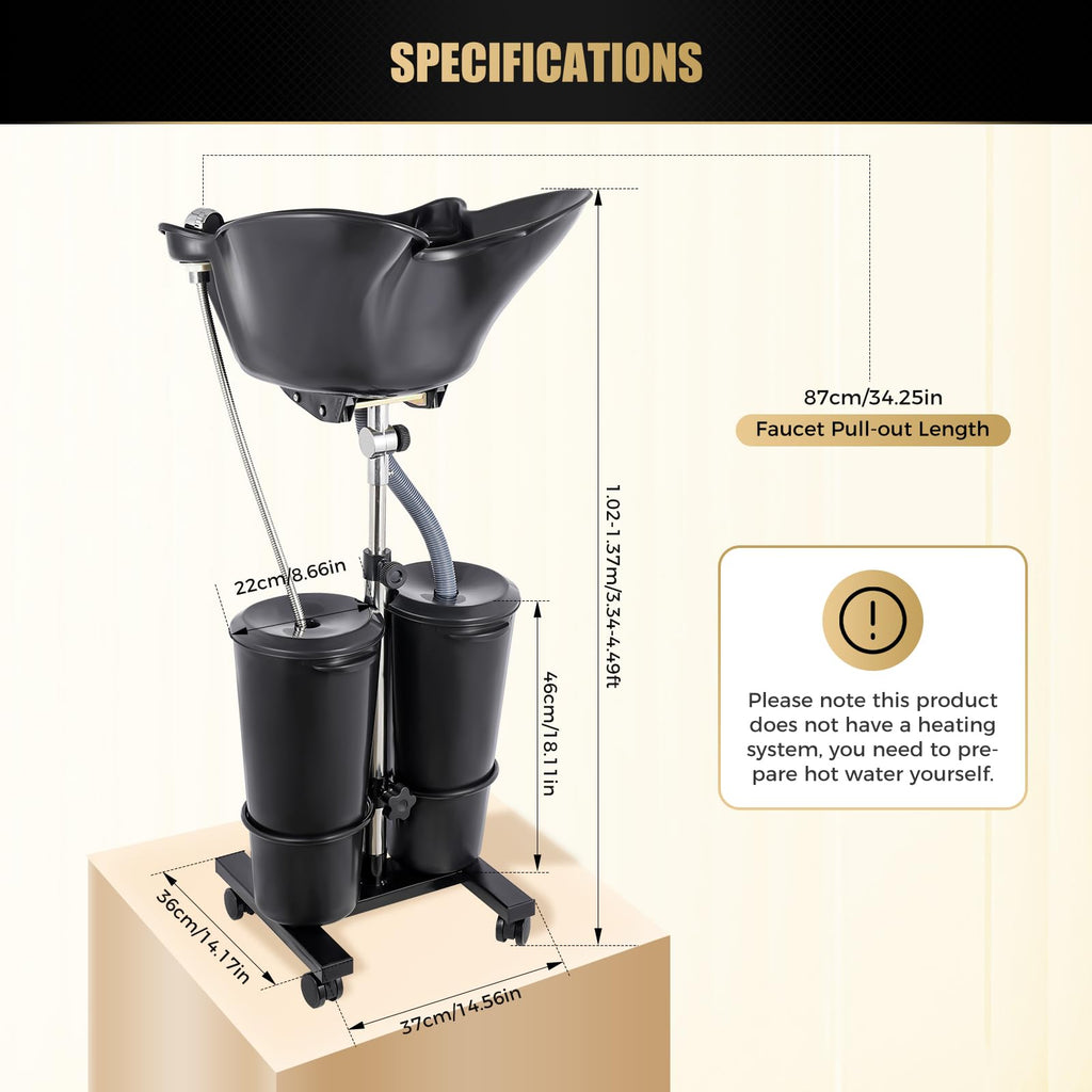 Portable Shampoo Bowl with Dual Buckets, Adjustable Height, Electric Pump, Foot Pedal Control, Black U9950