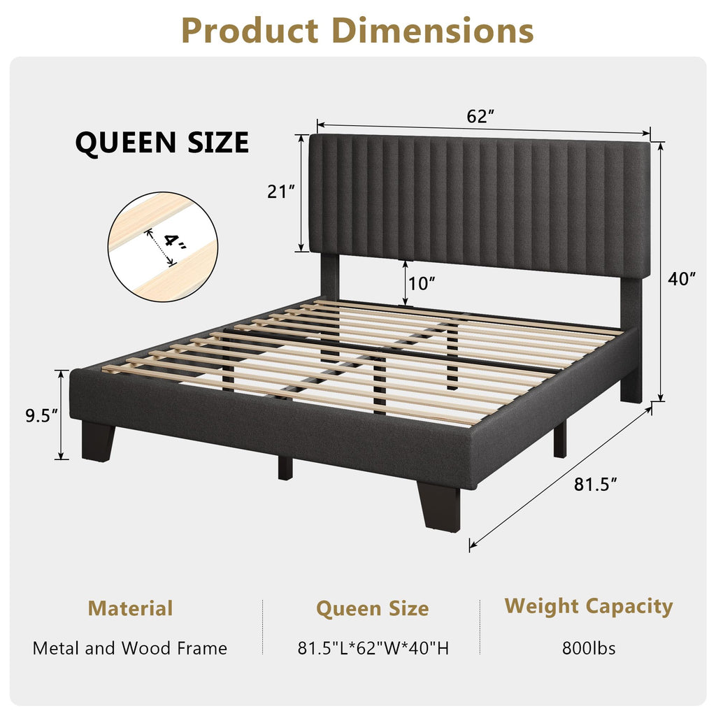 Queen Size Upholstered Platform Bed with Linen Headboard C1324