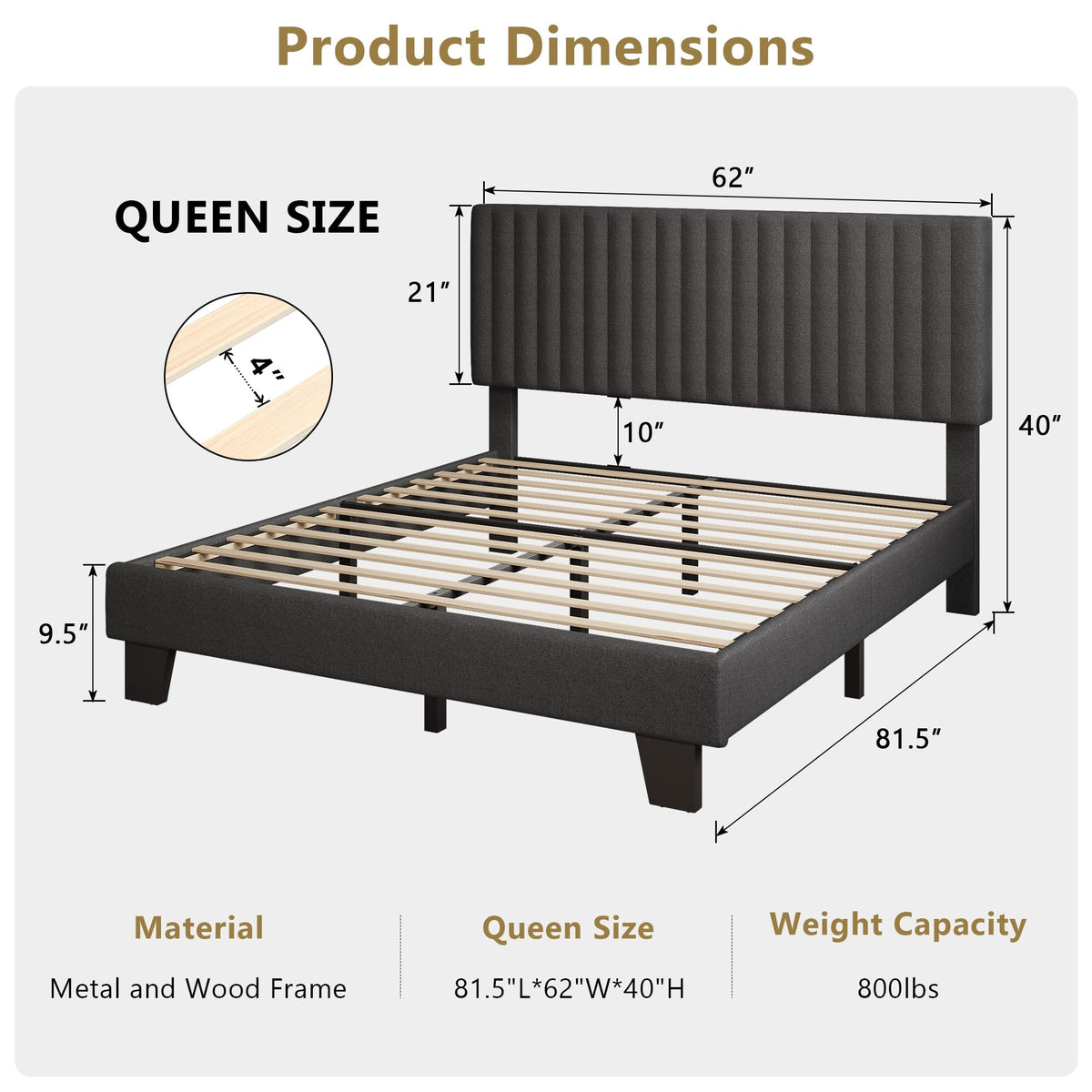 Queen Size Upholstered Platform Bed with Linen Headboard C1324