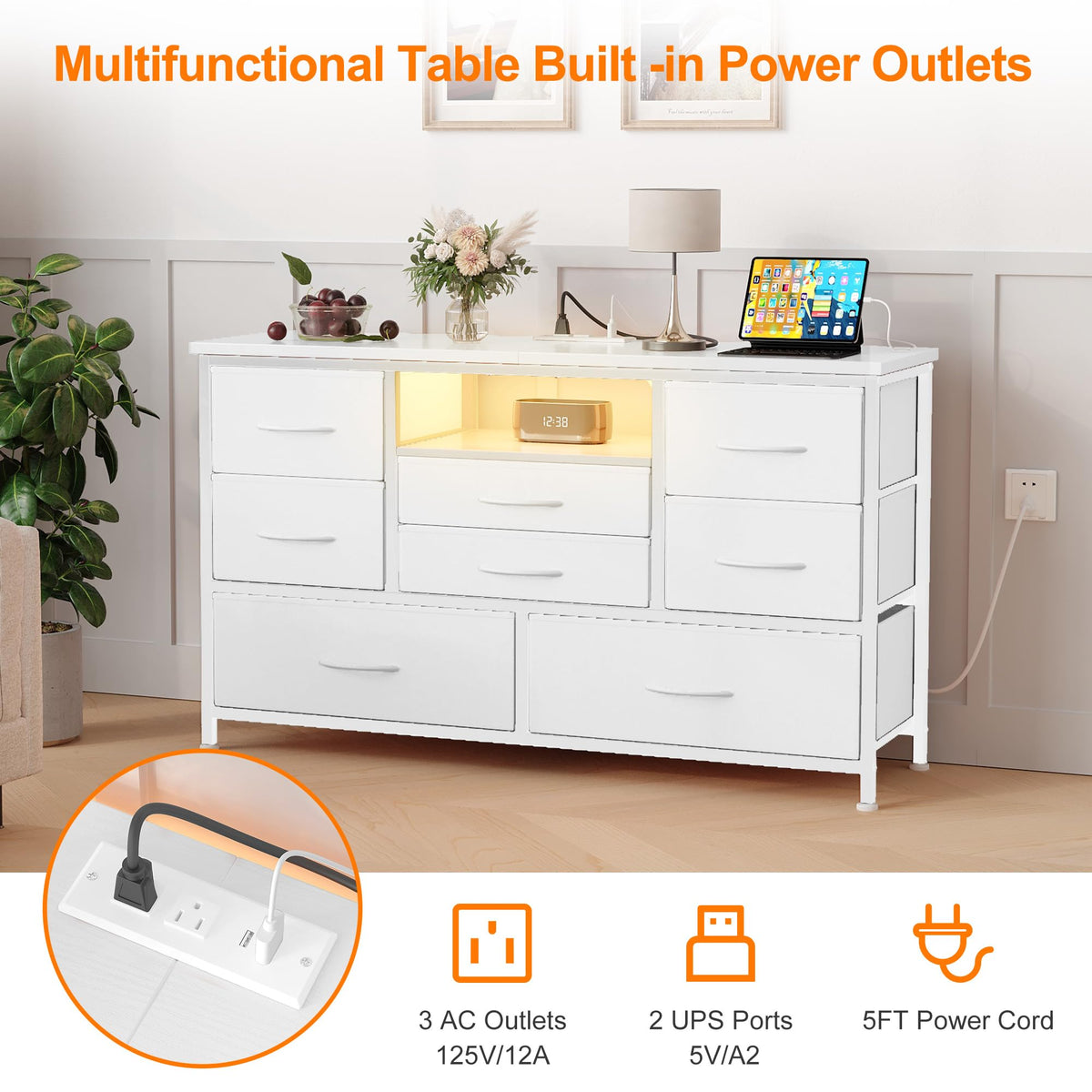 8 Drawer LED TV Stand Dresser with Charging Station E54170