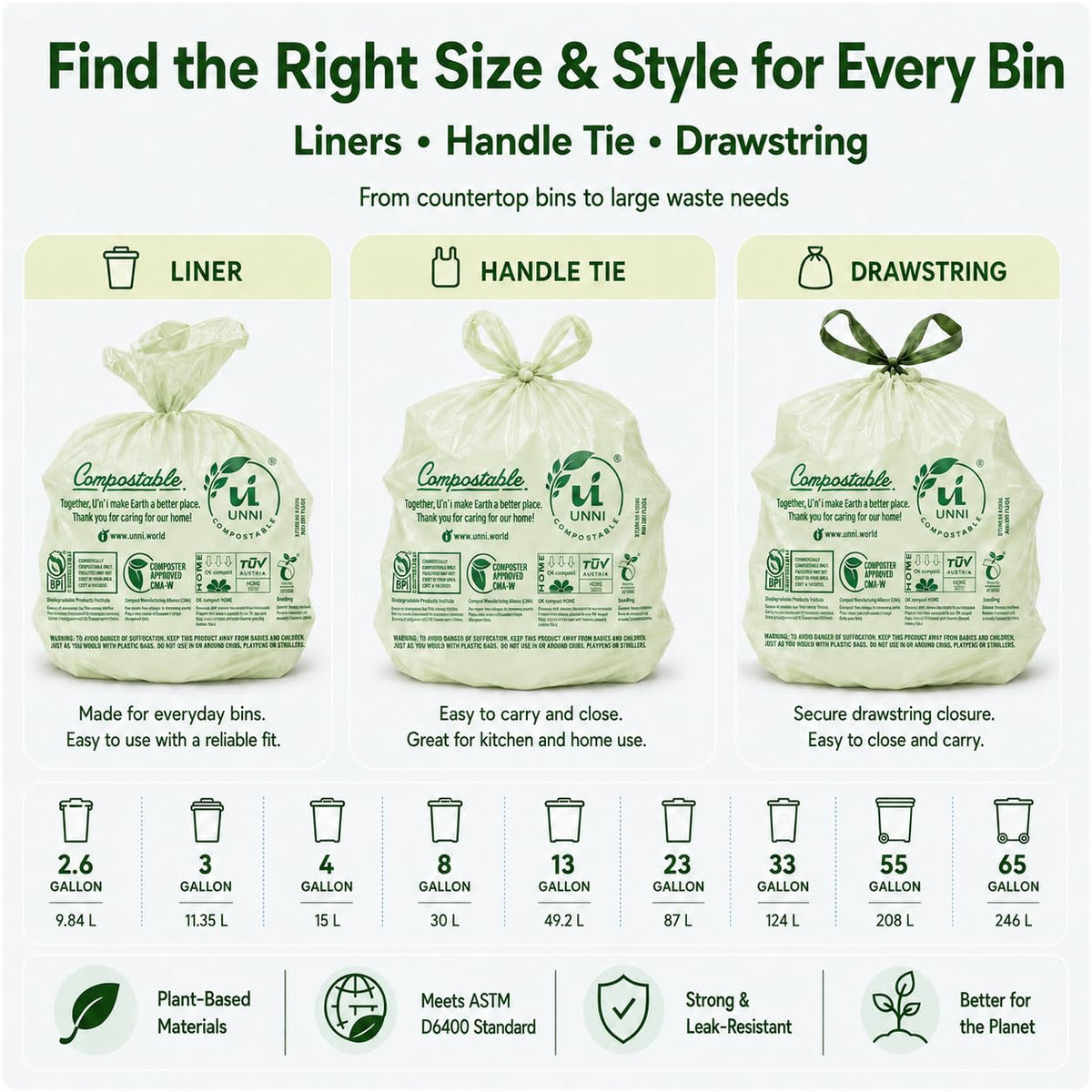 1.6 Gallon Compostable Bags with Easy-Tie Handles, 50 Count O40787