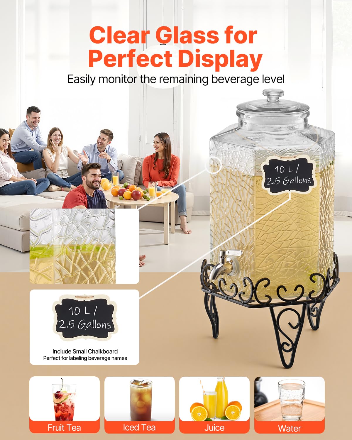 2.5 Gallon Glass Beverage Dispenser with Metal Stand M57701