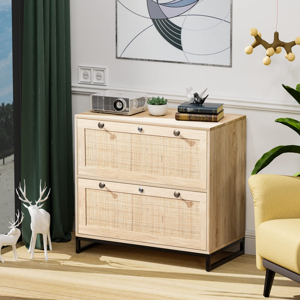 Oak Wood Rattan 2 Drawer Lateral File Cabinet with Lock F78727